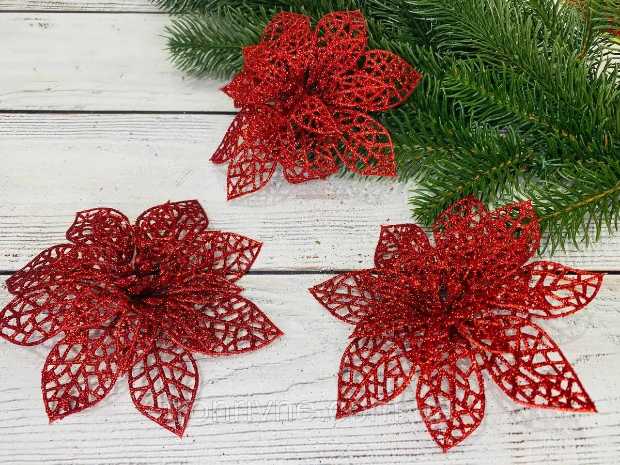 Різдвяна квітка Пуансетія в глітері червона. Діаметр 13 см, фото 1