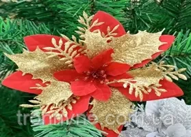 Різдвяна квітка Пуансетія червона із золотом тканинна. Діаметр 13 см, фото 1