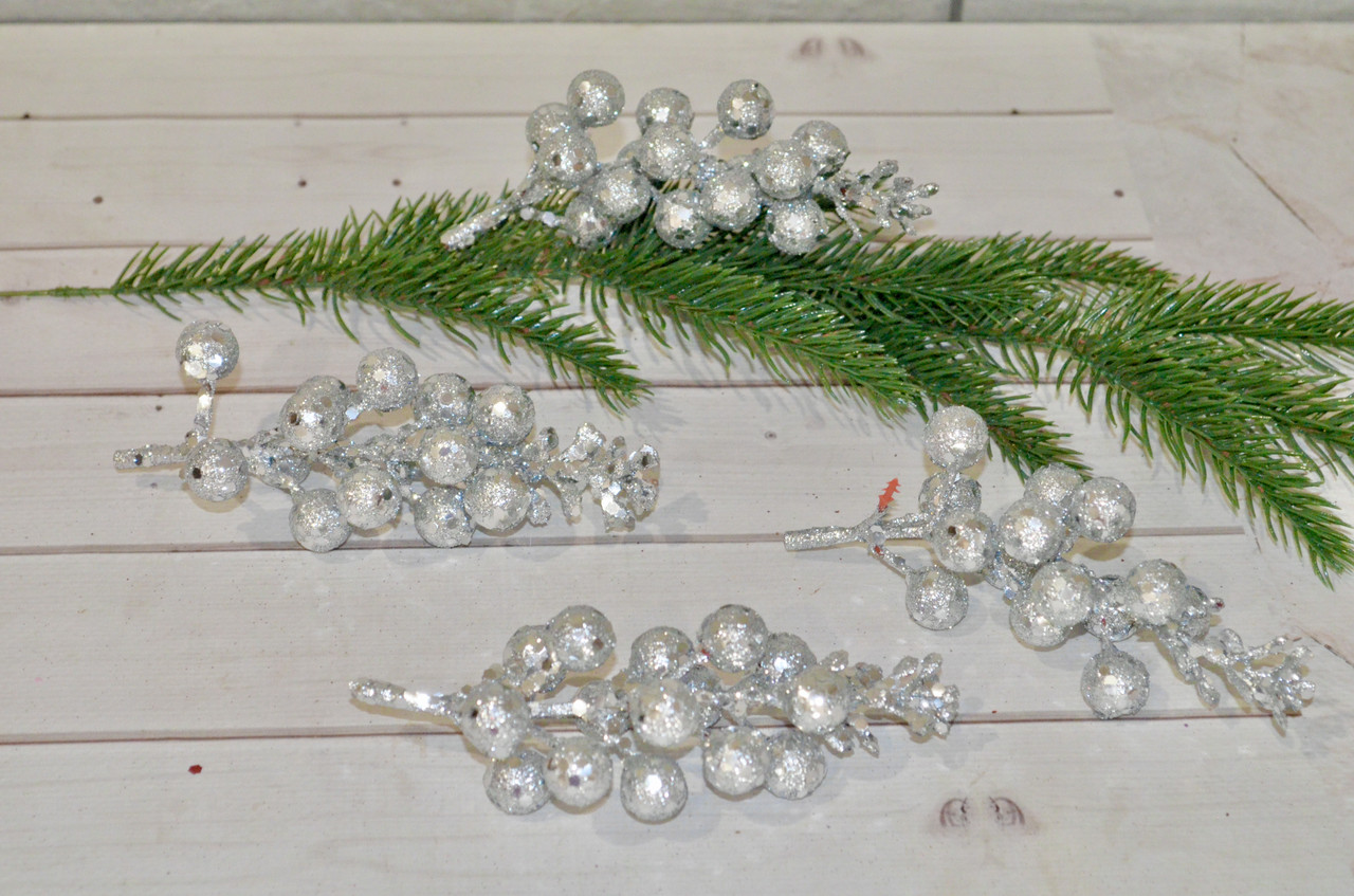 Декоративна Калина в глітері 11,5 см. Колір — срібло, фото 1