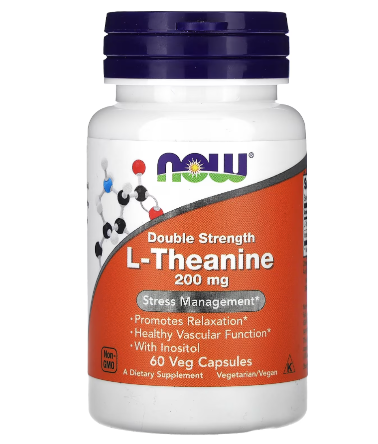 L-теанін подвійна сила 200 мг NOW Foods 60 рослинних капсул, фото 1