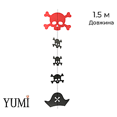 Гірлянда картон 029 пласка Чорні і червоні черепи і капелюхи Пірати 1,5 м