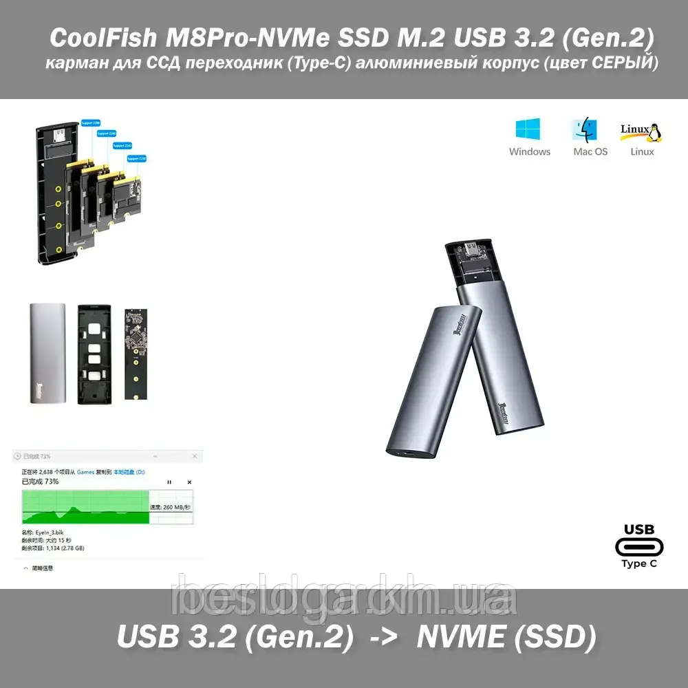 Кишеня CoolFish M8Pro-NVMe SSD M.2 USB 3.2 (Gen.2) + перехідник під Type-C