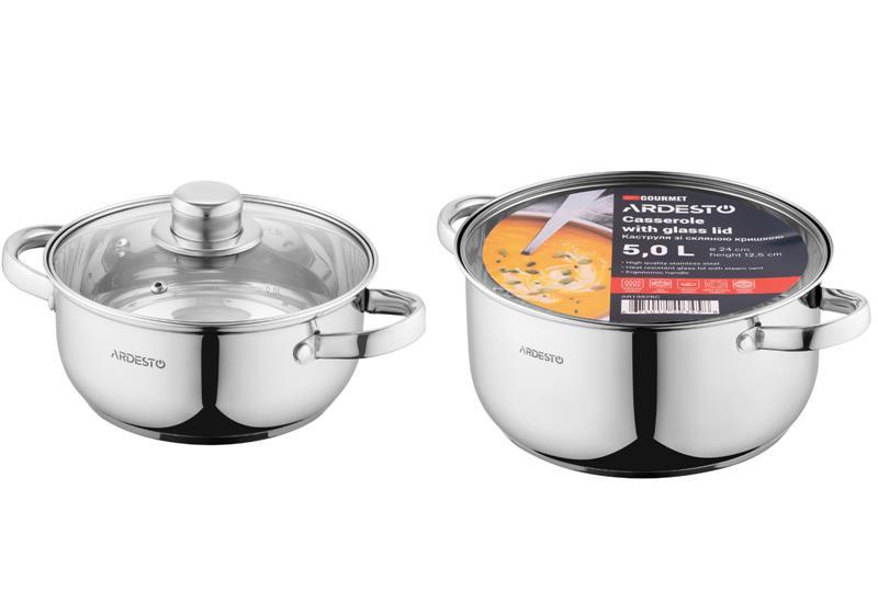 Каструля зі скляною кришкою Ardesto Gemini Gourmet Aosta, 5л, нержавіюча сталь, AR1952BC