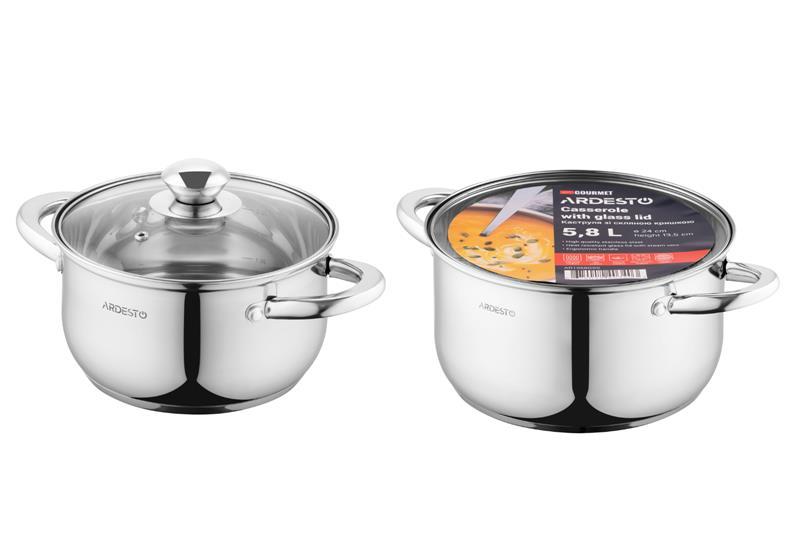 Каструля зі скляною кришкою Ardesto Gemini Gourmet Spoleto, 5.8л, нержавіюча сталь, AR1958GSS