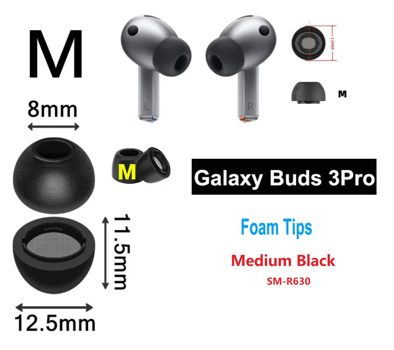 Пінні амбушури Samsung Galaxy Buds 3 Pro Buds3 Pro SM-R630 розмір M середні чорні з ефектом пам'яті, фото 1