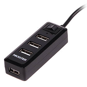 Хаб USB 2.0 Type-A на 4 порти, 5V1A зарядка в комплекті, пластик, чорний Maxxter HU2A-4P-AC-03 - MegaLavka