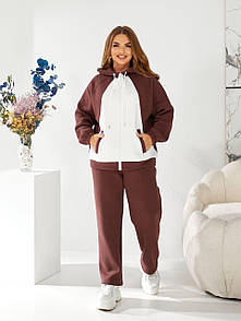 Жіночий прогулянковий шоколадно-білий костюм на флісі великі розміри