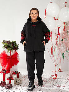 Жіночий прогулянковий чорний костюм на флісі з капюшоном великі розміри