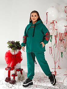 Жіночий прогулянковий зелений костюм на флісі з капюшоном великі розміри