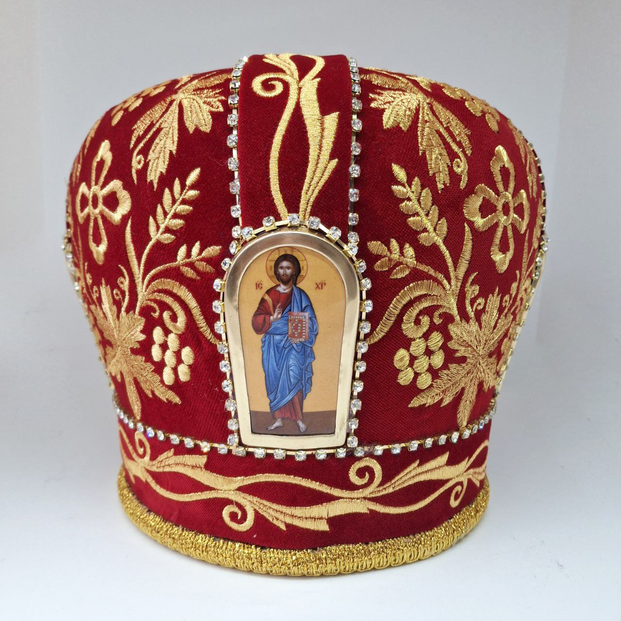 Митра для священника велюрова червона з літографічними іконами 61 розмір, фото 1