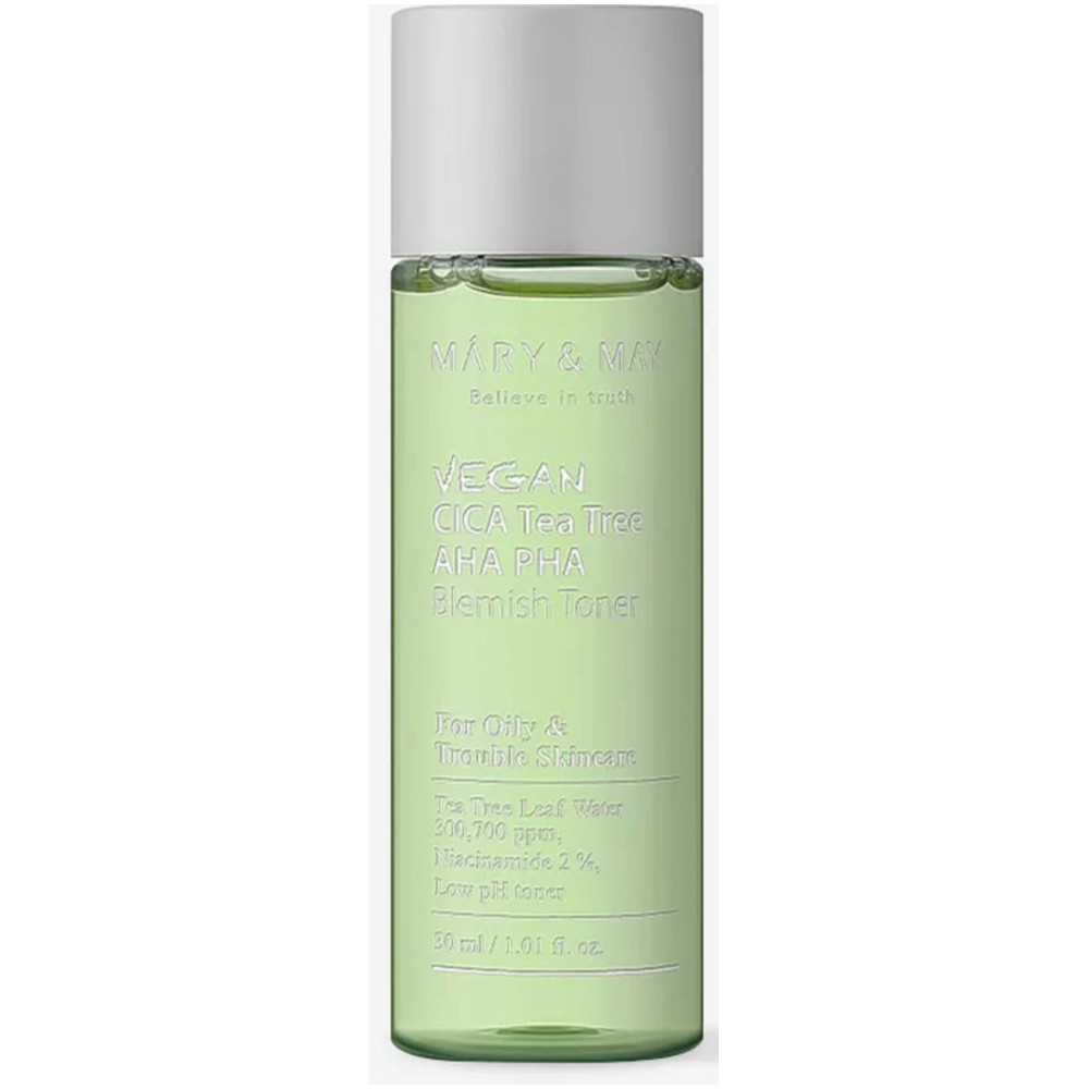 Освітлюючий тонер на основі центели та кислот Mary&May Vegan Cica Tea Tree Aha Pha Blemish Toner 30 мл, фото 1