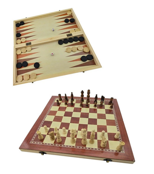 Шахи та нарди та шашки дерев'яні 3 в 1 набір, фото 1