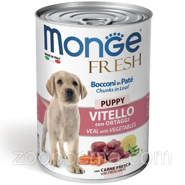 Вологий корм Monge Dog Wet Fresh Puppy для цуценят, з телятиною та овочами, 400 гр 24 шт, фото 1