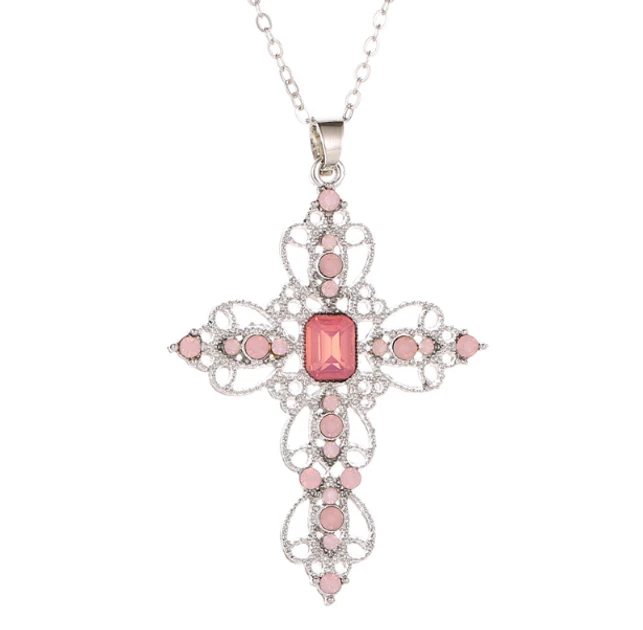 Ланцюжок із кулоном ажурний хрест Fashionn Jewerly зі стразами рожевий колір у корейському стилі y2k