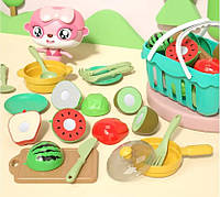 Набір фруктів пластикових для дітей, гра в кухню з пластиковими іграшками+корзинка та столові прилади, 17 шт.