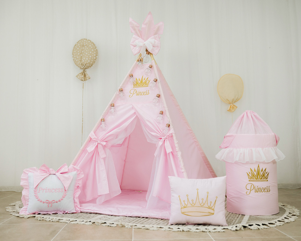 Намет дитячий Вігвам для дітей курінь для ігор рожевий Принцеса з килимком + кошик Повний комплект!, фото 1