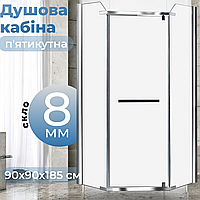 Душова кабіна 90 90 см кутова п'ятикутна без піддона скло 8 мм двостулкові двері на петлях