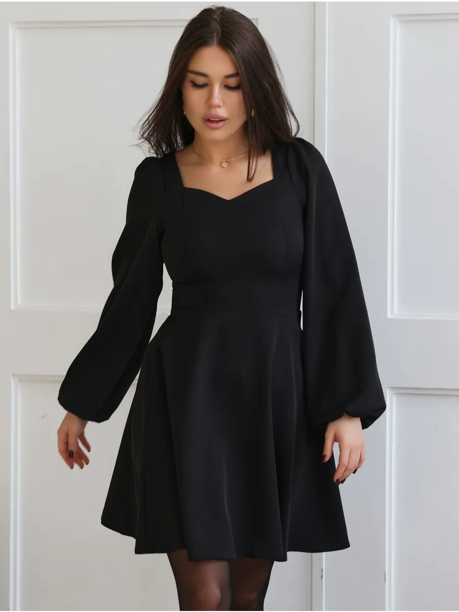 Витончена класична маленька коротка сукня-міні, довгий рукав, чорна, фото 1