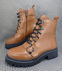 Черевики зимові шкіряні на шнурівці жіночі рижі на чорній підошві