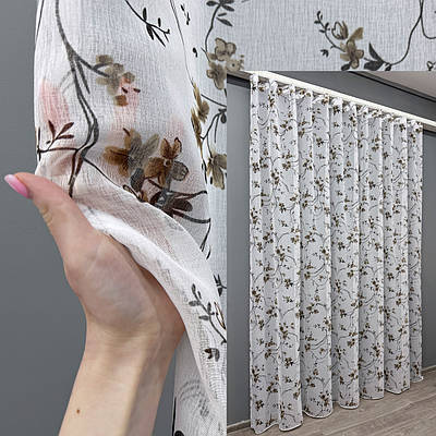 Готова тюль (2х2,7м.), батист "Flora". Колір білий з коричнево-чорним принтом. Код 1326т 42-0477