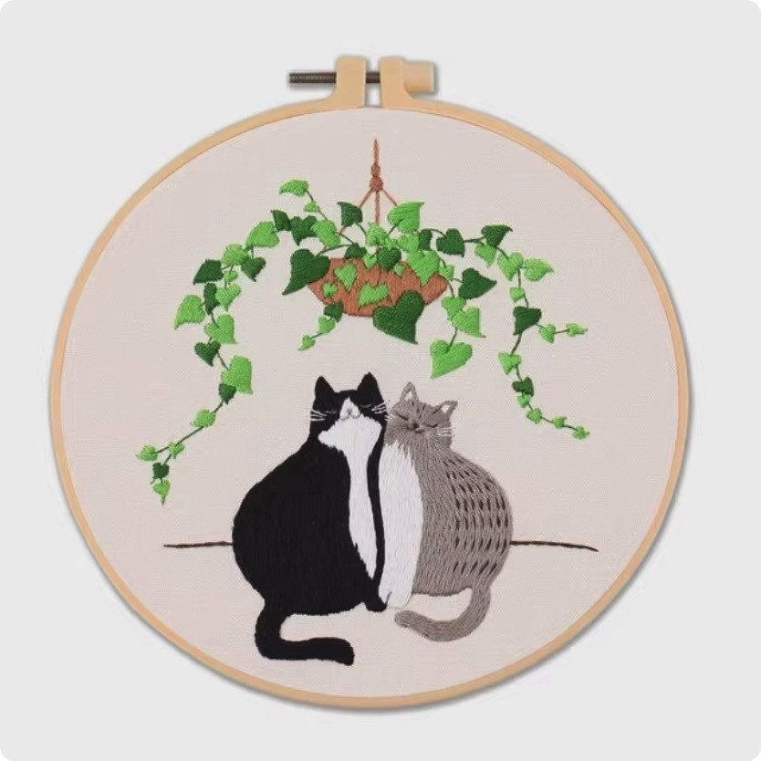 Набір для вишивання ГЛАДДЮ за нанесеним на канву контуром "Пухнаста любов" з ОБРУЧОМ. Льон, 20*20 см, фото 1