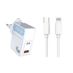 Мережевий зарядний пристрій Aspor A839 45 W PD QC (UCB C+A) 2в1 Type-C + Lightning-білий, 8372443 — 767