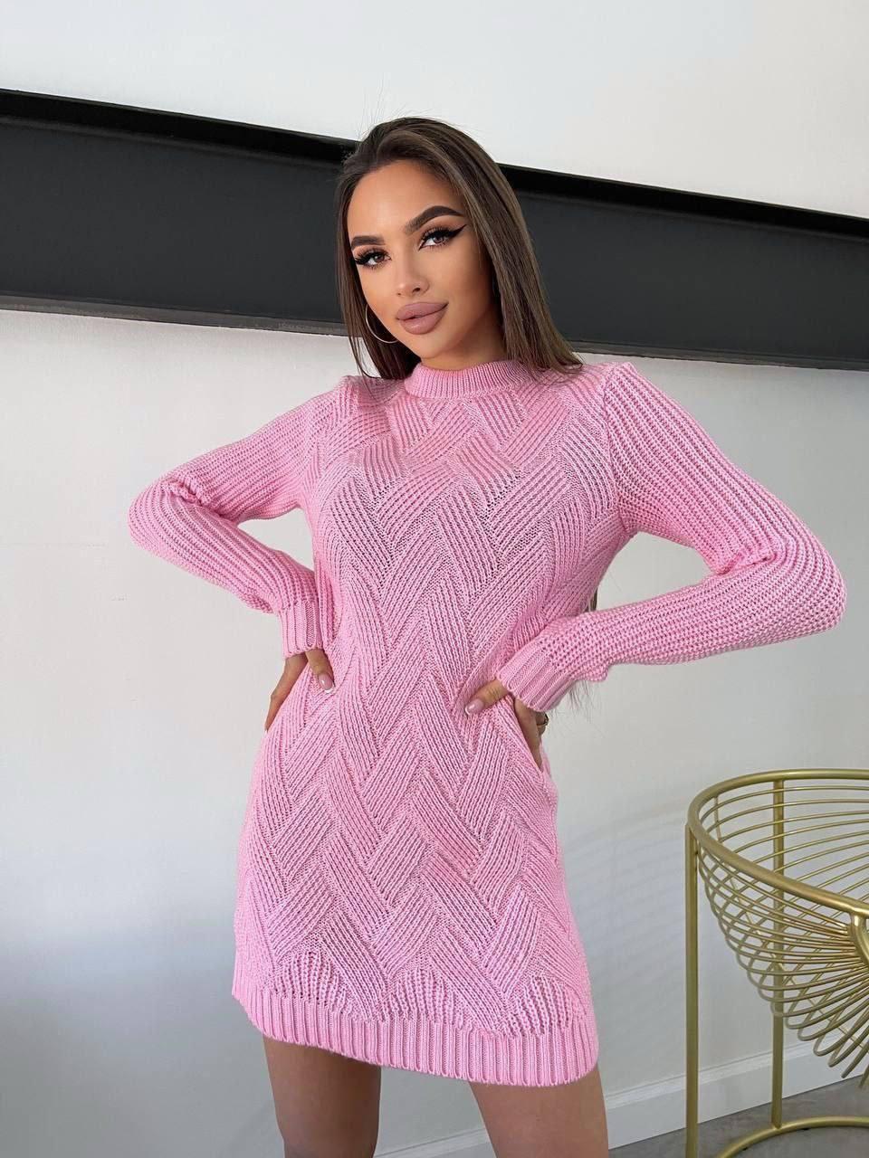 Стильна зимова в'язана сукня-туніка крупної в'язки візерунком "ялинка", фото 1