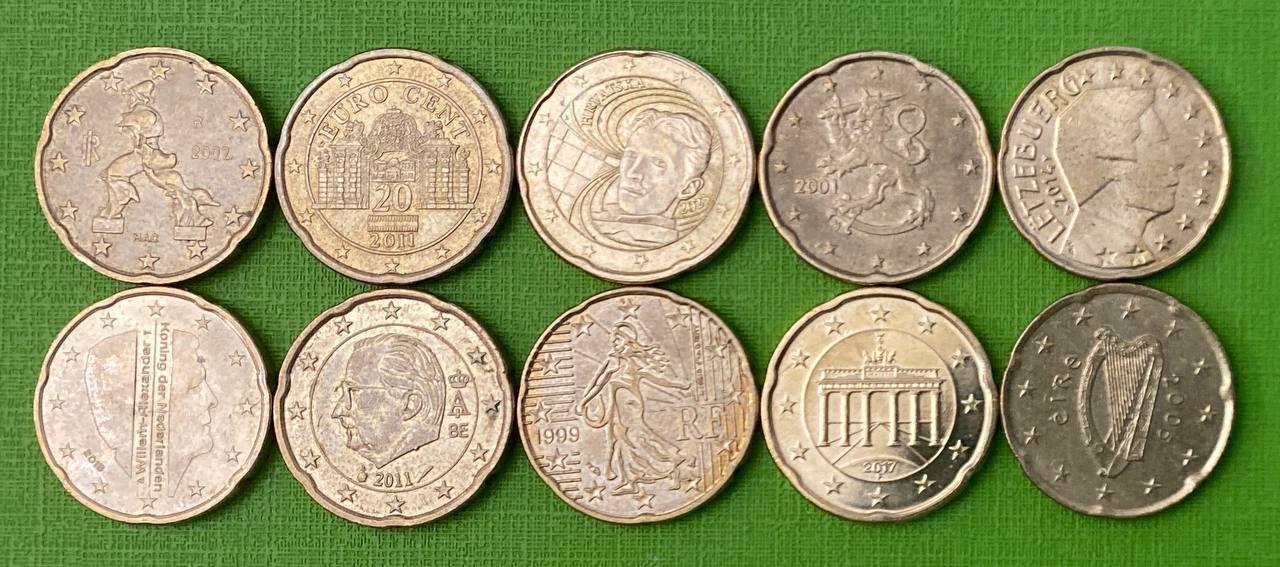 Набір монет Євросоюзу 20 євро центів 10 монет — 10 країн