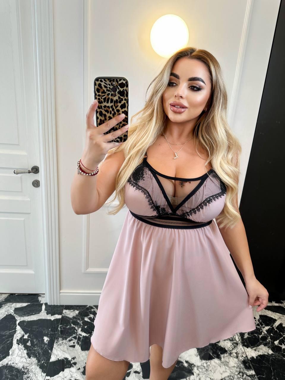 Жіноча коротка спокуслива нічна сорочка-пеньюар із завищеною талією і мереживом, батал великі розміри, фото 1