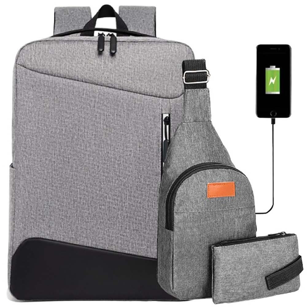 Міський рюкзак з сумкою та пеналом, USB, Сірий / Рюкзак набір 3в1 / Школьний набір рюкзаків, фото 1