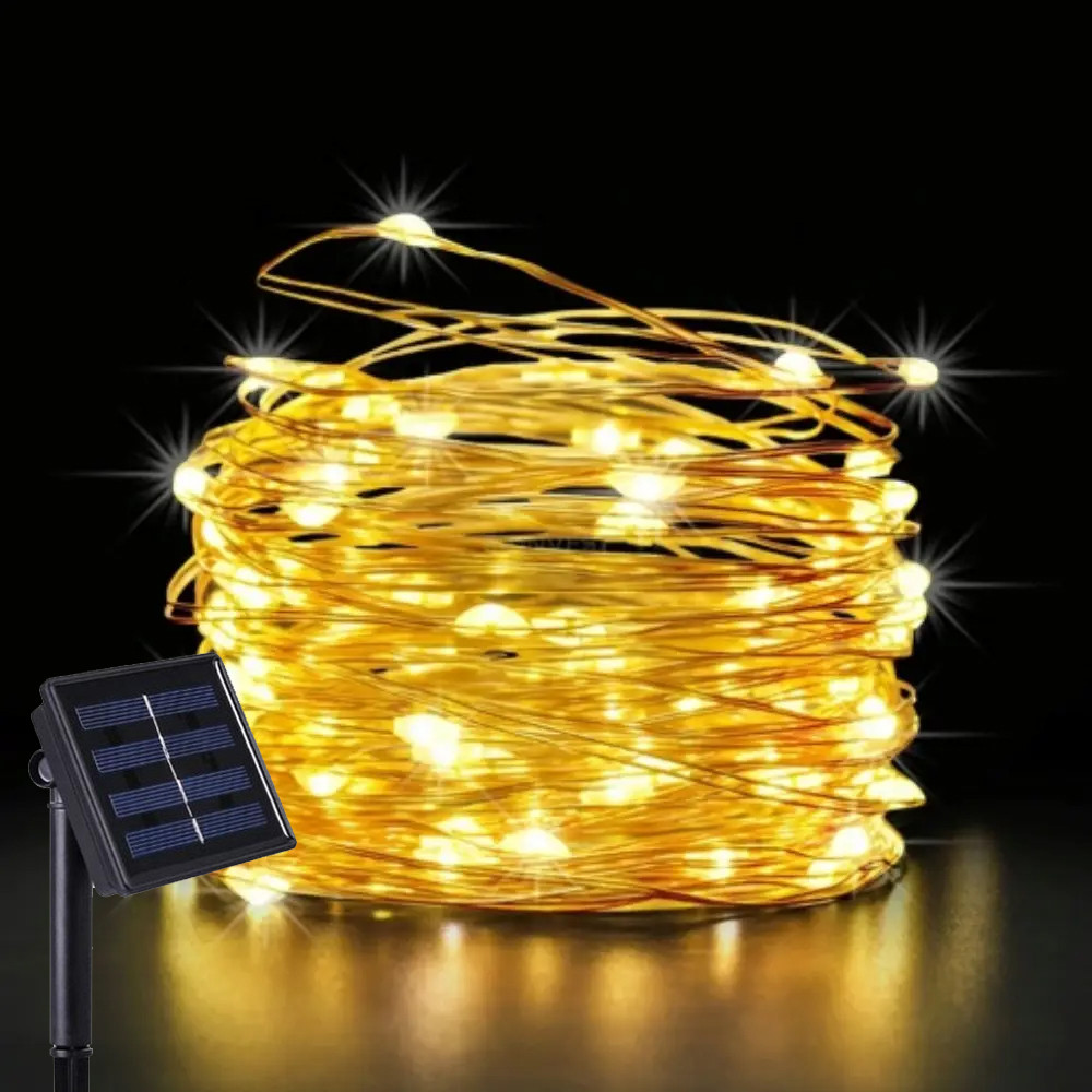 Вулична гірлянда на сонячній батареї, 10м, 100LED, Теплий білий / LED гірлянда / Садова гірлянда роса, фото 1