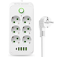 Мережевий фільтр подовжувач 3м, 2500Вт, 6×220В+4×USB+1×Type-C, QL-1075U / Універсальна переноска-подовжувач