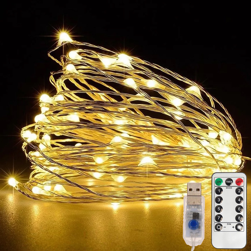 Гірлянда Роса від USB, 10 м, 100 LED + пульт, Теплий білий / Світлодіодна гірлянда на ялинку / Новорічна гірлянда, фото 1