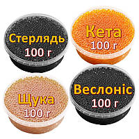 Ікра імітована червона лососева Кета + Веслоніс + Стерлядь + Щука 4х100 г. Дегустаційний сет. Україна