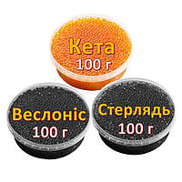 Ікра імітована червона лососева Кета + Веслоніс + Стерлядь 3х100 г. Дегустаційний сет. Україна