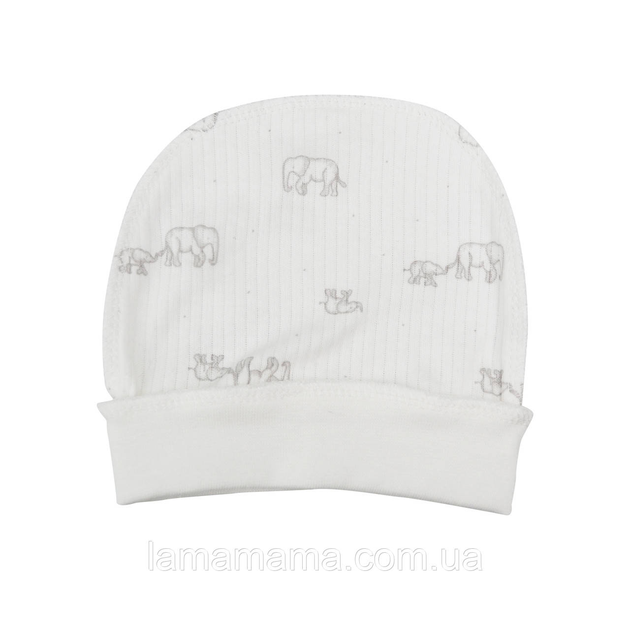 Бавовняна трикотажна шапочка із зовнішніми швами для новонароджених Слоненята Молочний Інтерлок-рубчик Minikin, фото 1