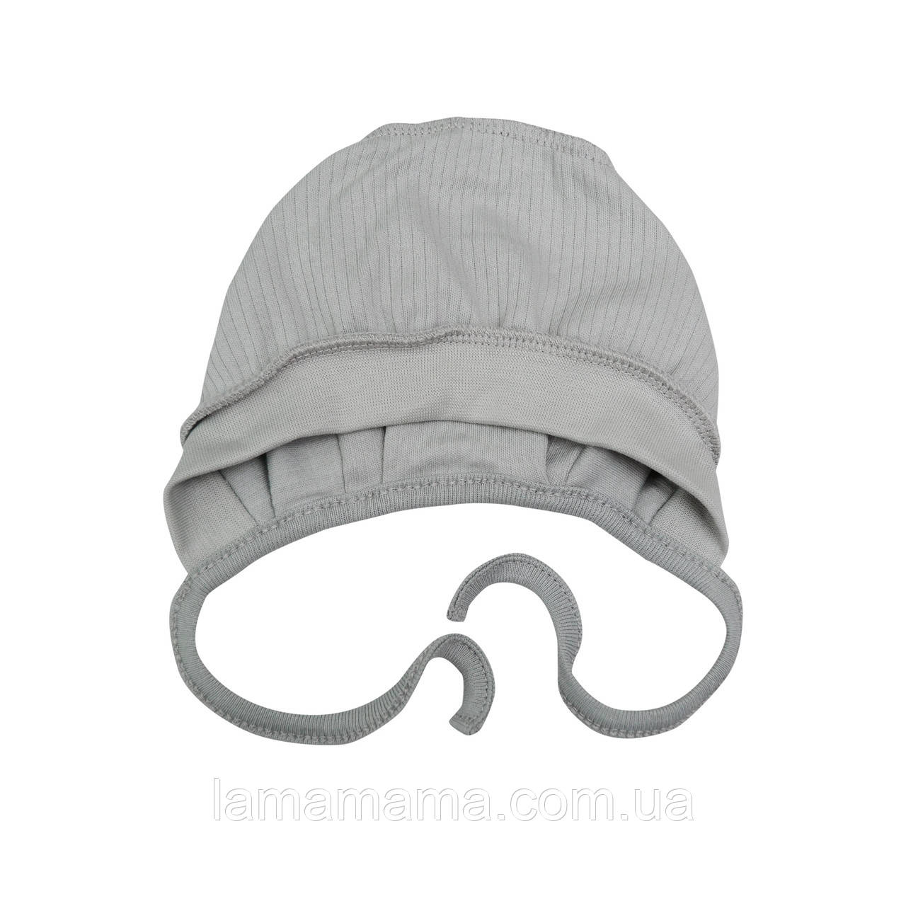 Чепчик шапочка на зав'язках для новонароджених Сріий Інтерлок у рубчик Minikin, фото 1