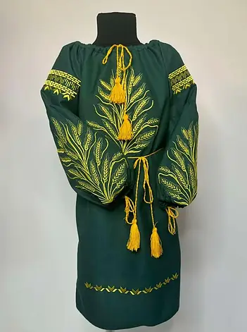 Сукня вишиванка дівоча (зелене домоткане полотно) "Колоски", фото 1