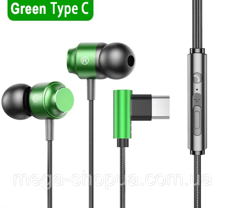 Провідні вакуумні стерео навушники Type-C з кутовим роз'ємом та мікрофоном для телефону, смартфона, ПК YU77-TG