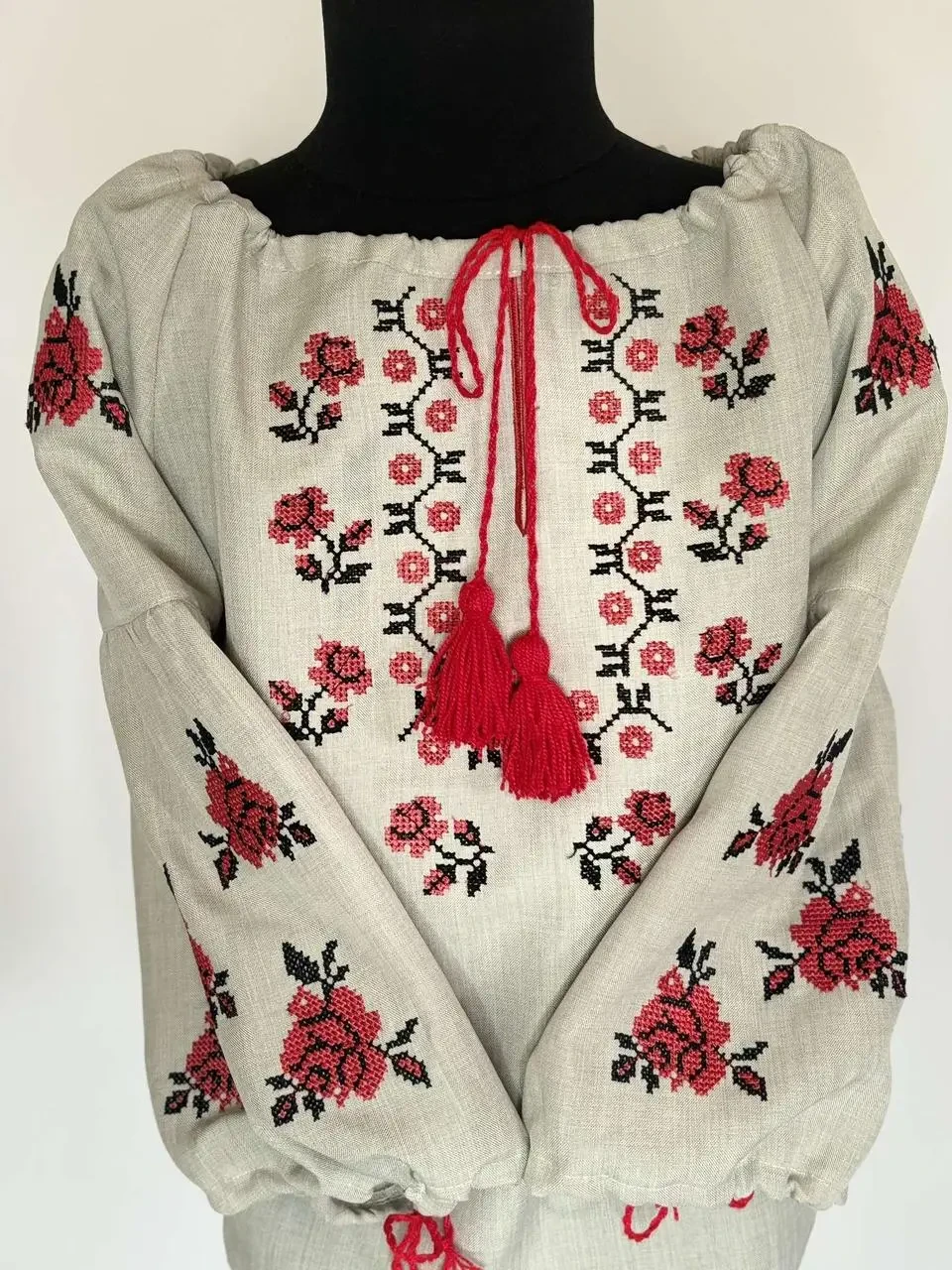 Вишиванка дівоча "Квітуча троянда" з льону меланж (відрізний рукав)