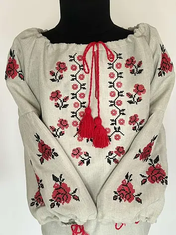 Вишиванка дівоча "Квітуча троянда" з льону меланж (відрізний рукав), фото 1