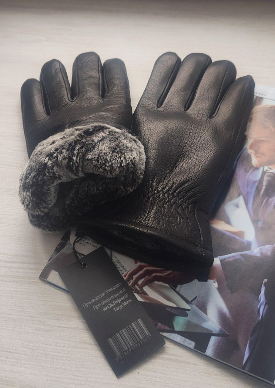 Шкіряні зимові чоловічі рукавички з оленячої шкіри, підкладка хутро, Румунія, фото 1