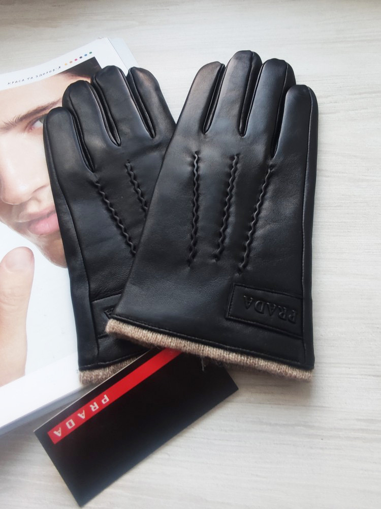 Чоловічі шкіряні рукавички Prada підкладка вовняне в'язання black, фото 1