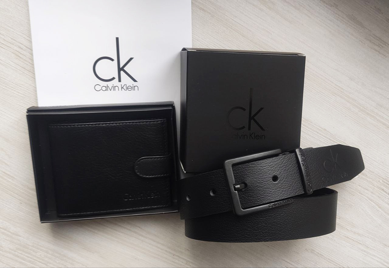 Чоловічий подарунковий набір Calvin Klein ремінь і гаманець total black, фото 1