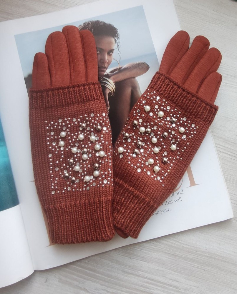 Жіночі теплі рукавички, в'язання намистини світло- руде коричневі, фото 1