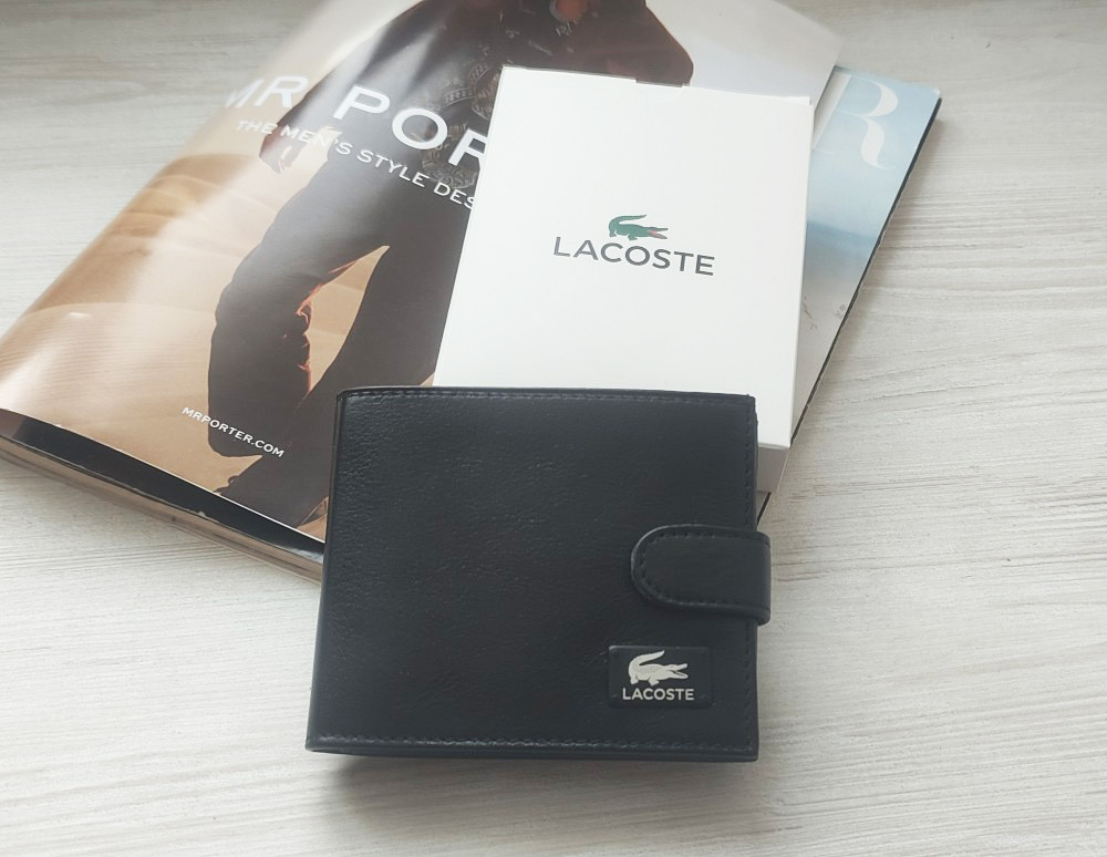 Чоловічий шкіряний гаманець Lacoste black у коробці, фото 1