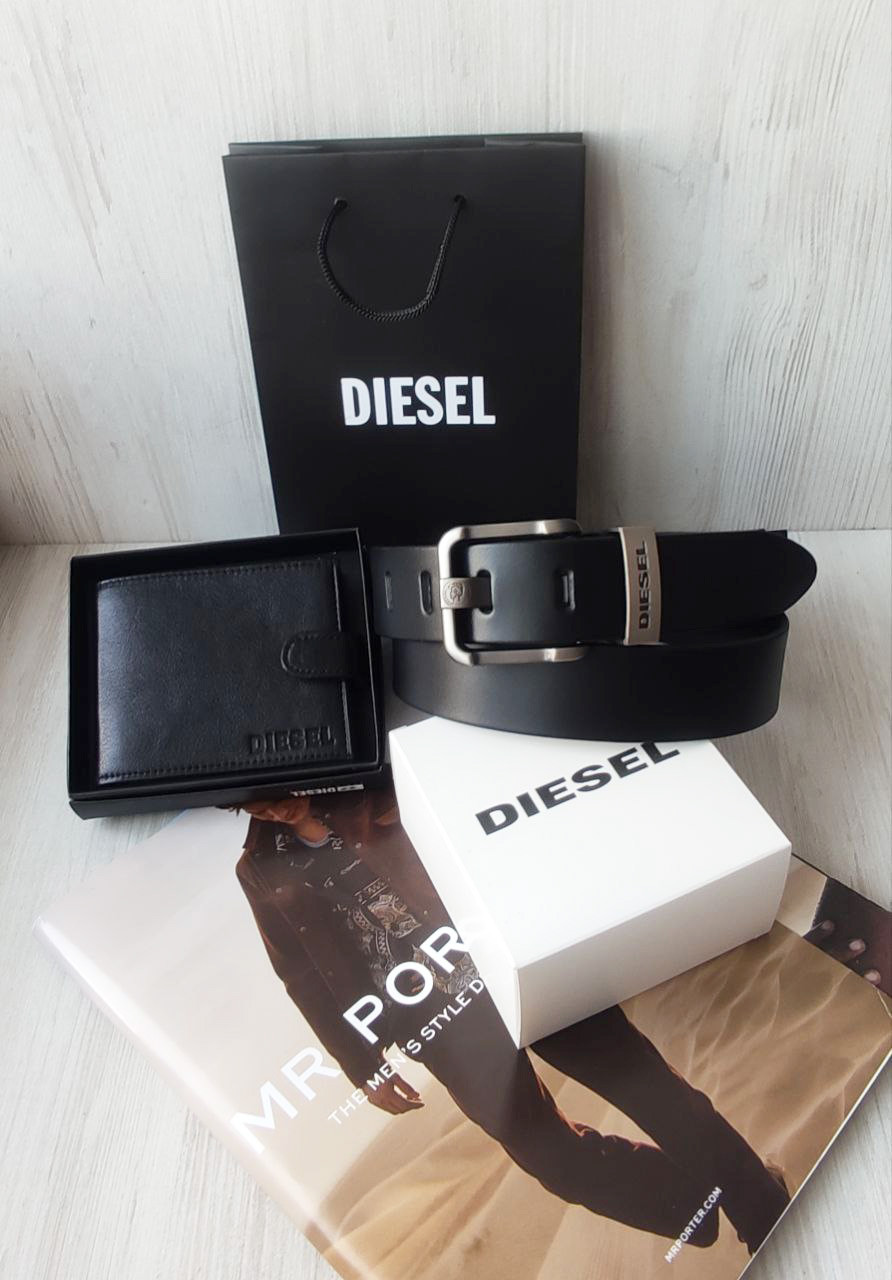 Чоловічий подарунковий набір Diesel шкіряний ремінь і гаманець, фото 1