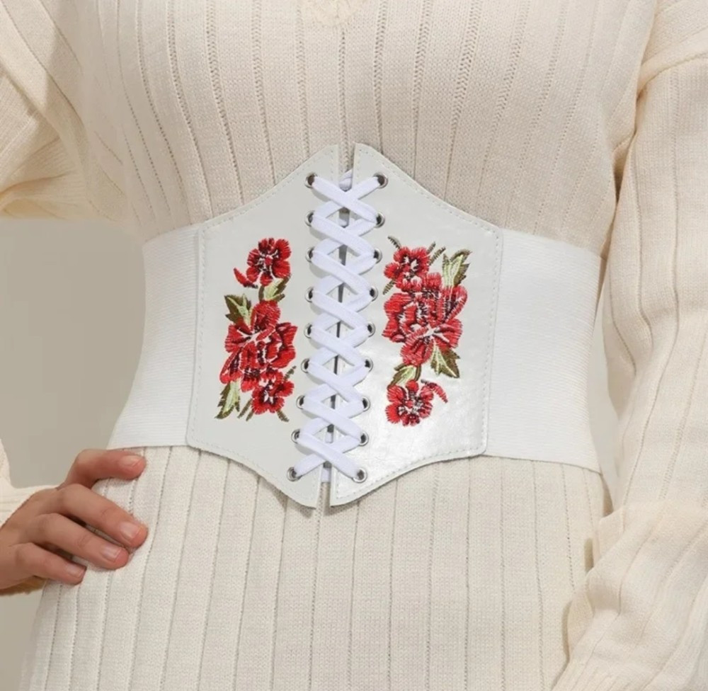 Жіночий широкий пояс корсет із вишивкою Троянди білий, фото 1