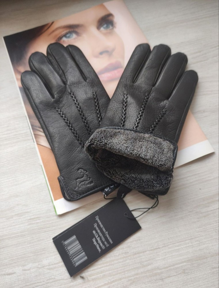 Шкіряні чоловічі рукавички перчатки зі шкіри оленя, Румунія підкладка махра, фото 1