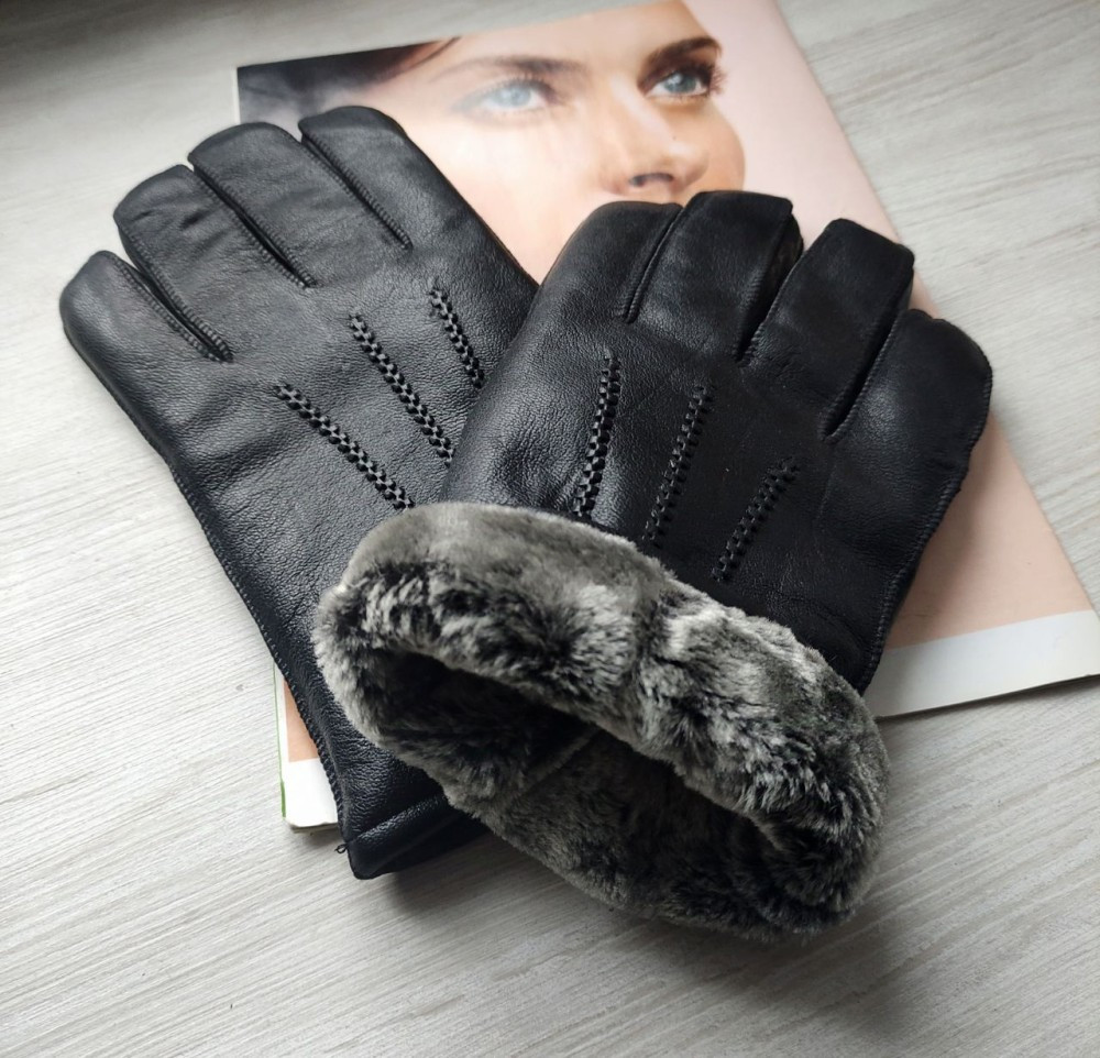 Теплі чоловічі шкіряні рукавички перчатки, зовнішній шов, фото 1